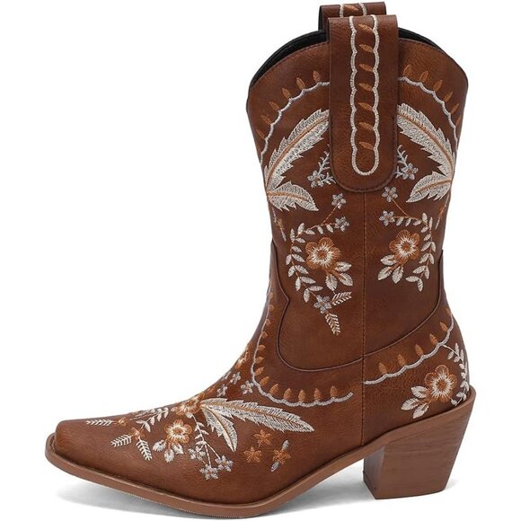 LIPUIXI Western Boots Women's Brown Synthetic Pull On Floral Low Chunky Heel - Picture 2 of 8